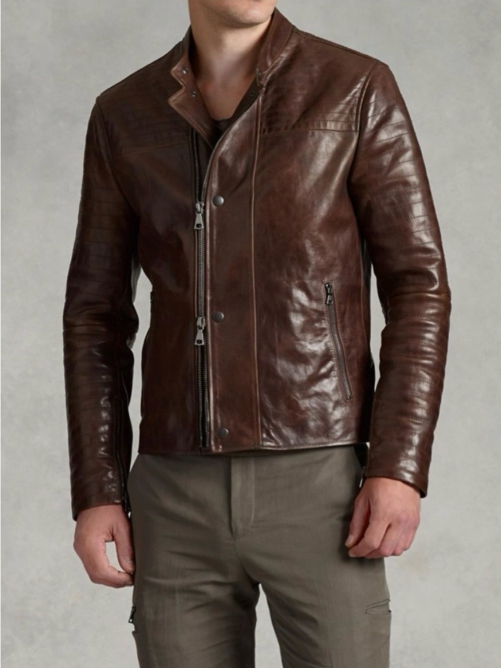 John Varvatos Collection Distressed Biker Moto Leather Jacket Size EU 48 USA 38